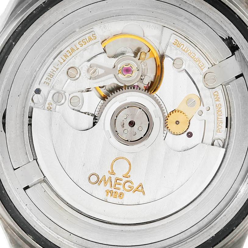 This image shows the movement and inner mechanism of the Omega Seamaster 2231.80.00 Men's Titanium Blue Dial 2231.80.00 Men's Titanium Blue Dial watch from a top-down angle.