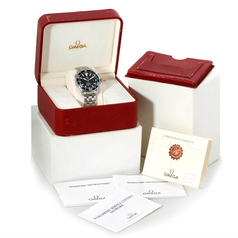 The Omega Seamaster 2254.50.00 Men
s Stainless Steel Black Dial 2254.50.00 Men
s Stainless Steel Black Dial watch is shown in an open box with additional documents and packaging alongside.