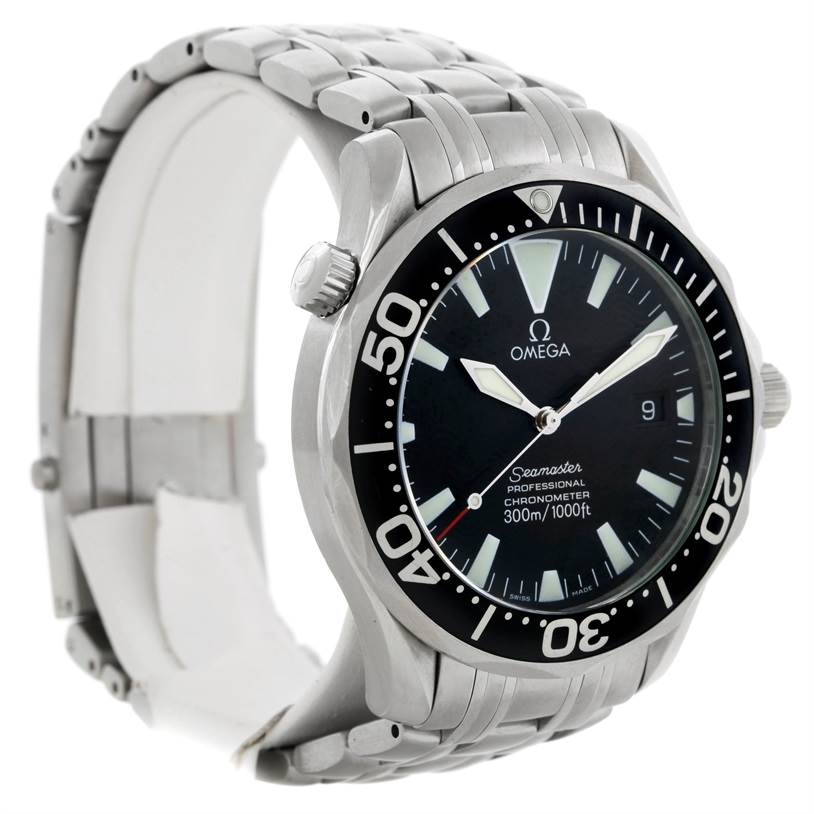 The image shows the Omega Seamaster 2254.50.00 Men
s Stainless Steel Black Dial 2254.50.00 Men
s Stainless Steel Black Dial watch at an angle displaying the face, bezel, crown, and part of the bracelet.