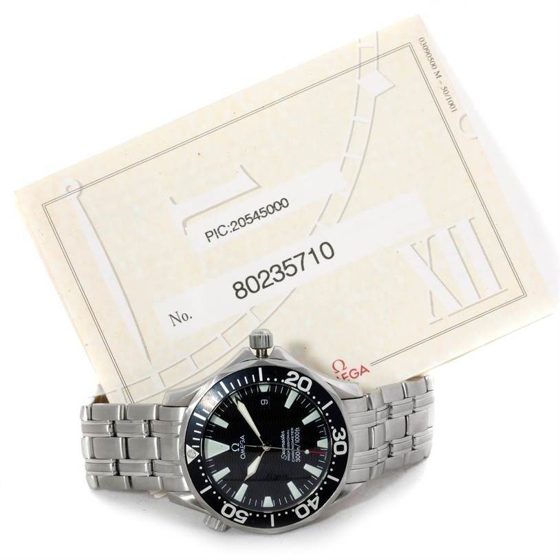 The image shows an Omega Seamaster 2254.50.00 Men
s Stainless Steel Black Dial 2254.50.00 Men
s Stainless Steel Black Dial watch and its certification card, viewed from the front.