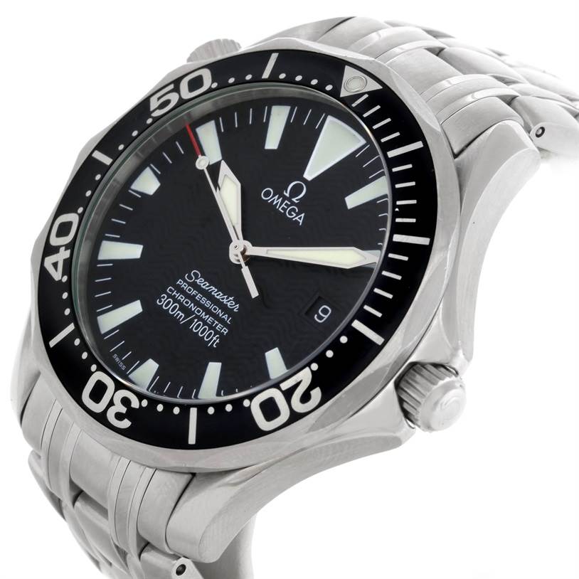 The Omega Seamaster 2254.50.00 Men
s Stainless Steel Black Dial 2254.50.00 Men
s Stainless Steel Black Dial watch is shown at a slight angle, highlighting the face, bezel, crown, and part of the stainless steel bracelet.
