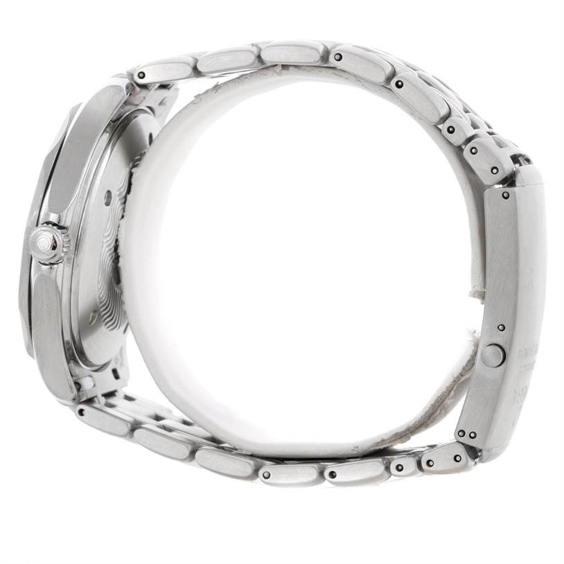 The image shows a side view of an Omega Seamaster 2254.50.00 Men
s Stainless Steel Black Dial 2254.50.00 Men
s Stainless Steel Black Dial watch, highlighting the case, bracelet, and clasp.