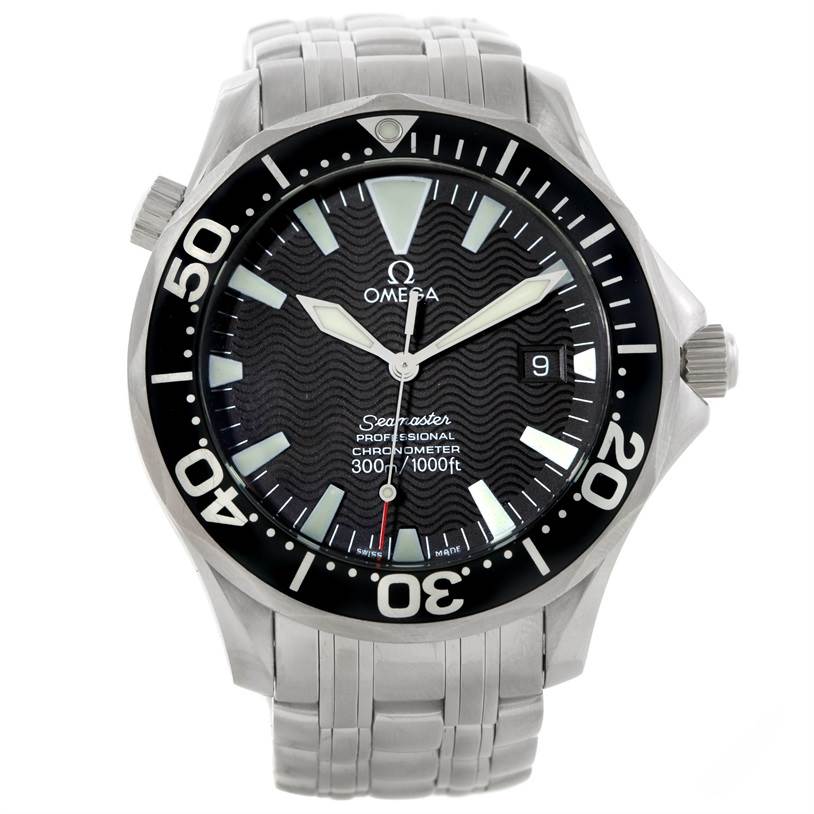 This is an Omega Seamaster 2254.50.00 Men
s Stainless Steel Black Dial 2254.50.00 Men
s Stainless Steel Black Dial watch shown from a front angle, displaying the face, bezel, crown, and part of the bracelet.