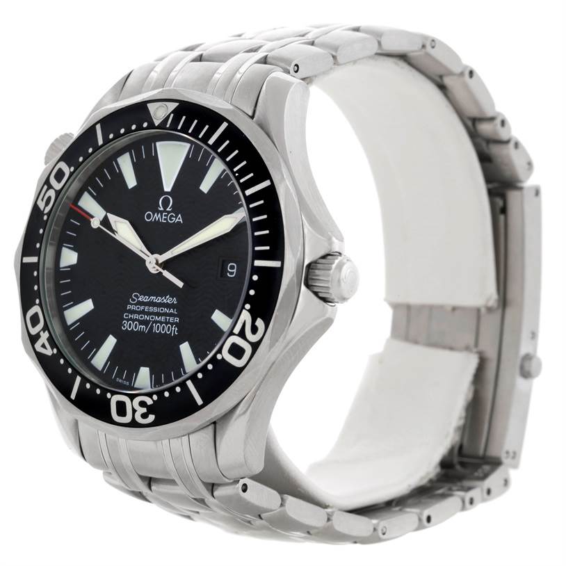 The image shows an Omega Seamaster 2254.50.00 Men
s Stainless Steel Black Dial 2254.50.00 Men
s Stainless Steel Black Dial watch at a three-quarter angle, highlighting its face, bezel, crown, and stainless steel bracelet.