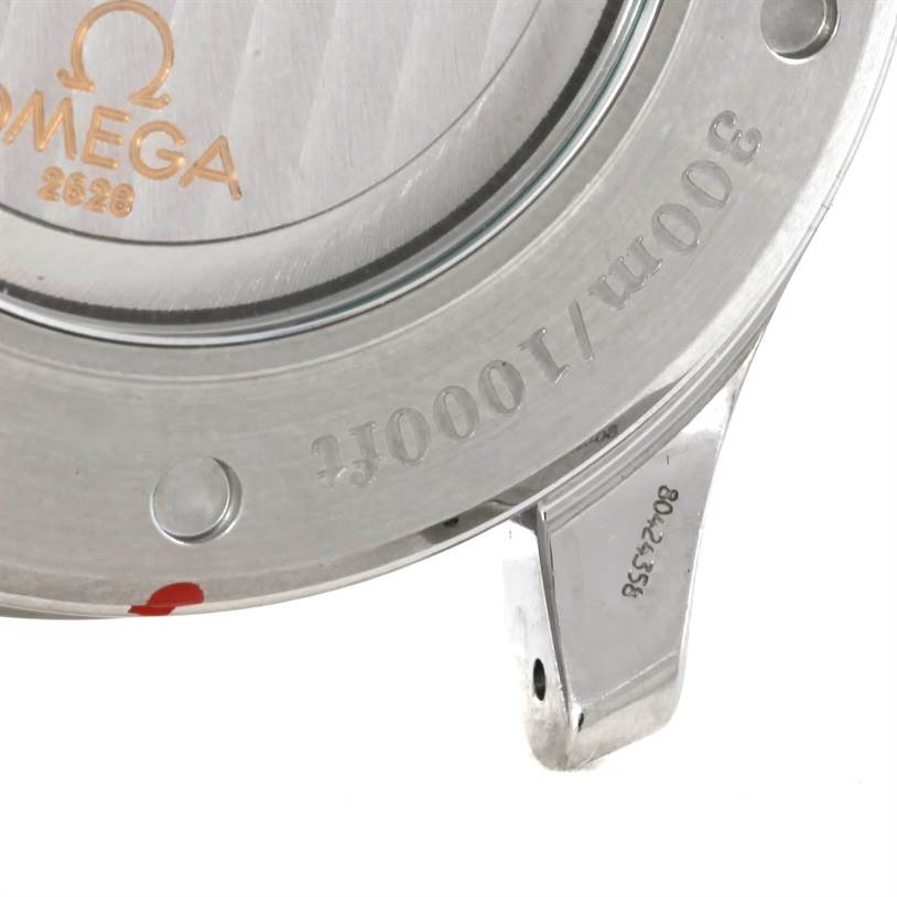 The image shows the case back of an Omega Seamaster 2535.80.00 Men's Stainless Steel Blue Dial 2535.80.00 Men's Stainless Steel Blue Dial watch, highlighting the engraved brand logo and model details.