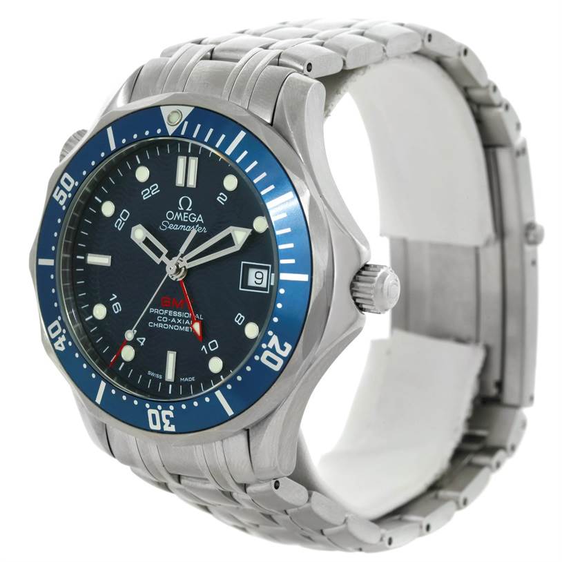 This image shows an Omega Seamaster 2535.80.00 Men's Stainless Steel Blue Dial 2535.80.00 Men's Stainless Steel Blue Dial watch from a front-side angle, highlighting the dial, bezel, crown, and bracelet.