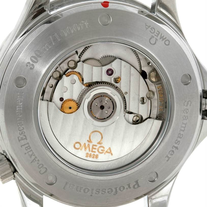 This is a rear view of the Omega Seamaster 2535.80.00 Men's Stainless Steel Blue Dial 2535.80.00 Men's Stainless Steel Blue Dial watch displaying its visible internal mechanism and engravings.