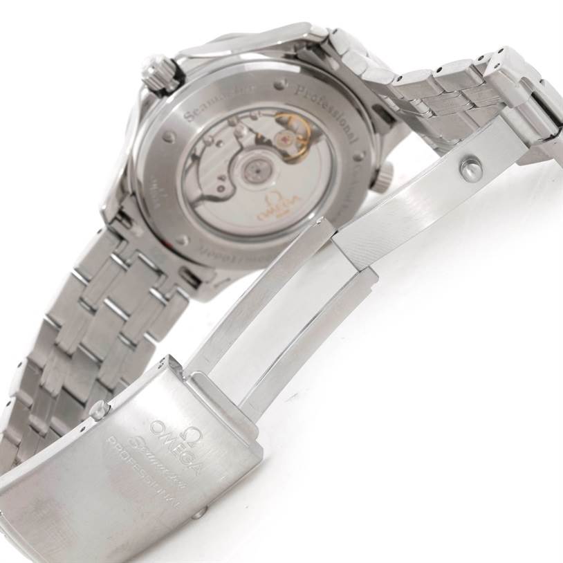 This image shows the back case and clasp of the Omega Seamaster 2535.80.00 Men's Stainless Steel Blue Dial 2535.80.00 Men's Stainless Steel Blue Dial watch, highlighting the exposed movement and stainless steel bracelet.