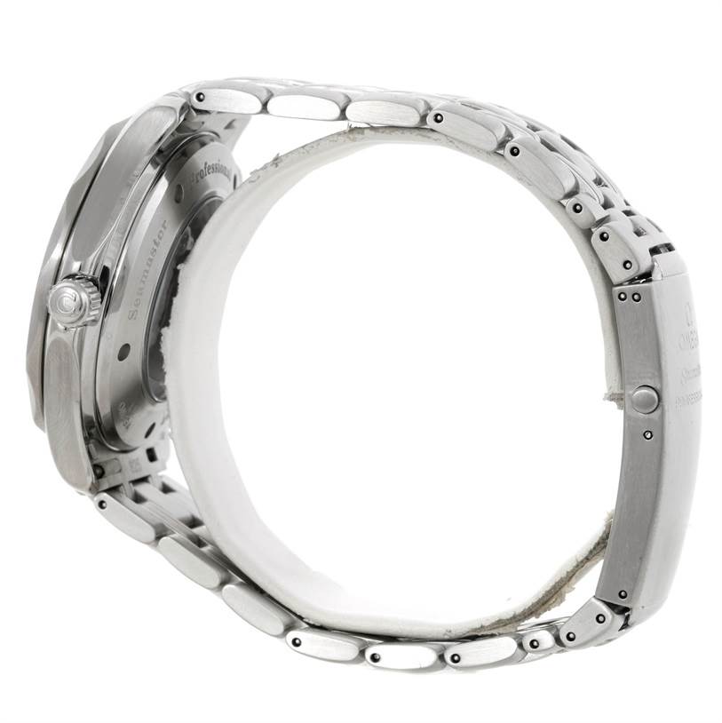 The image shows the side and back view of an Omega Seamaster 2535.80.00 Men's Stainless Steel Blue Dial 2535.80.00 Men's Stainless Steel Blue Dial watch, highlighting the case, crown, and metal bracelet.