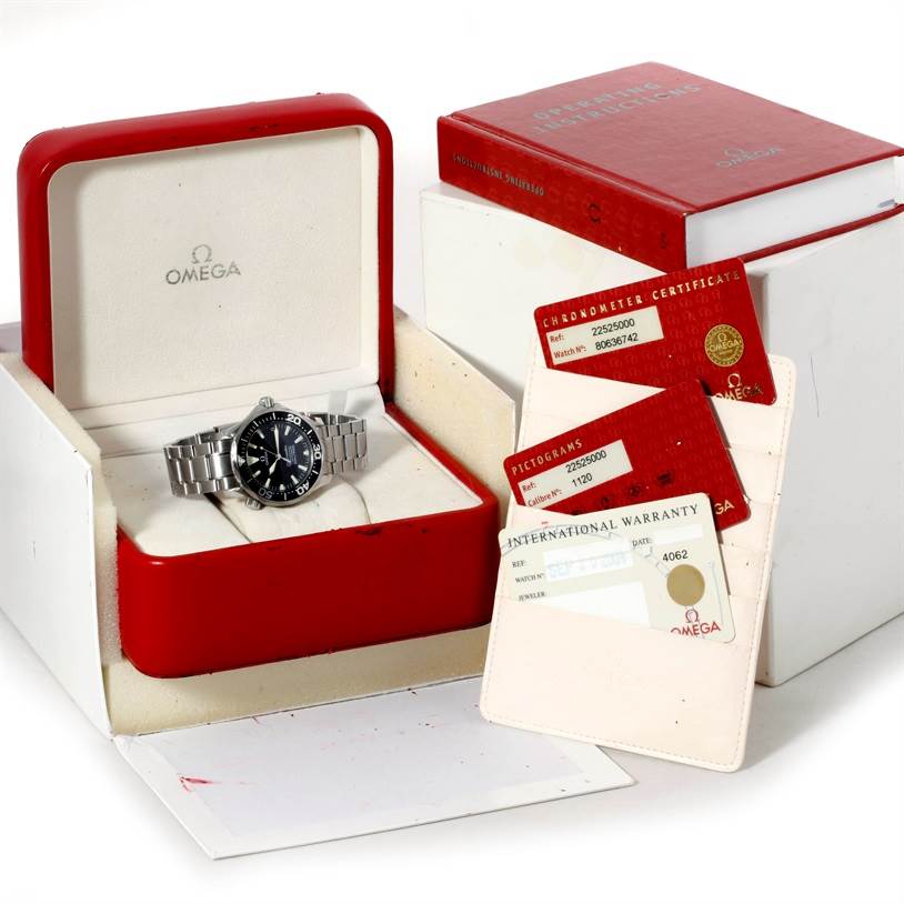 The image shows an Omega Seamaster 2252.50.00 Men
s Stainless Steel Black Dial 2252.50.00 Men
s Stainless Steel Black Dial watch in its box, alongside warranty cards and certificates.