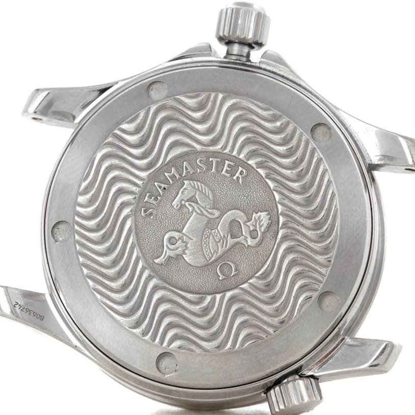 The image shows the case back, crown, and lugs of an Omega Seamaster 2252.50.00 Men
s Stainless Steel Black Dial 2252.50.00 Men
s Stainless Steel Black Dial watch from a rear angle.