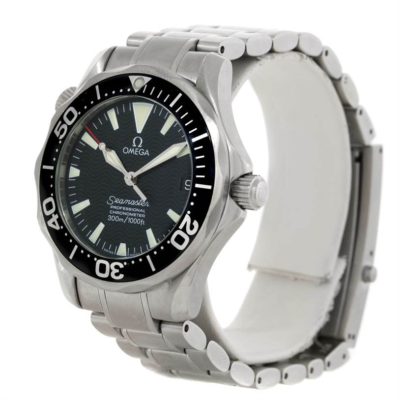 The Omega Seamaster 2252.50.00 Men
s Stainless Steel Black Dial 2252.50.00 Men
s Stainless Steel Black Dial watch is shown from a front-side angle, highlighting the face, bezel, crown, and metal bracelet.