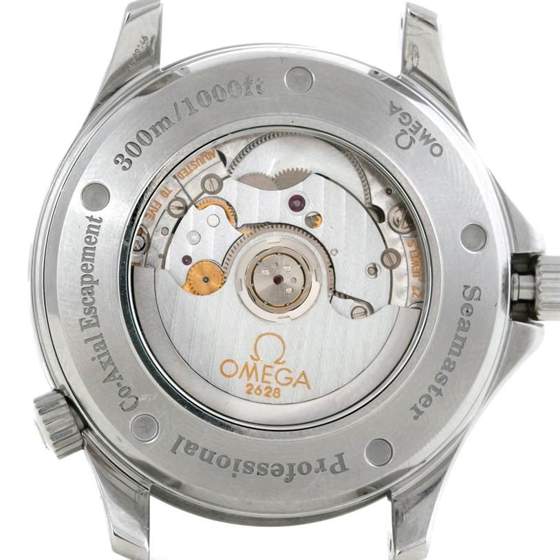 The image shows the rear view of the Omega Seamaster 2535.80.00 Men
s Stainless Steel Blue Dial 2535.80.00 Men
s Stainless Steel Blue Dial watch, displaying its exposed movement and engraved details.