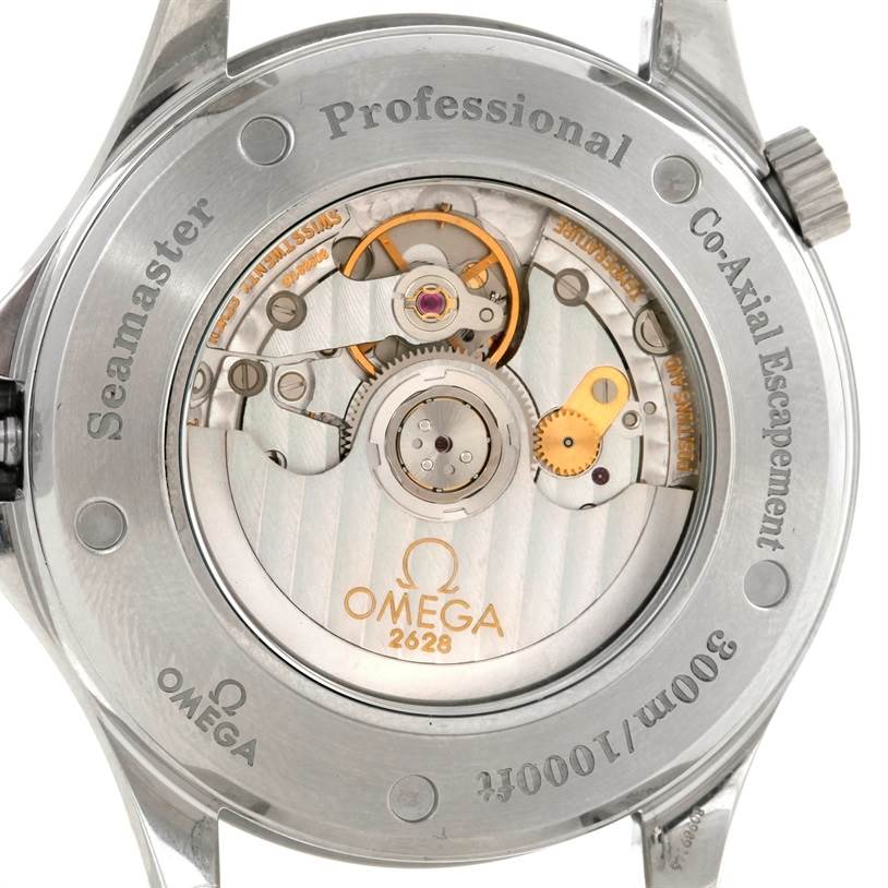 The image shows the back case of an Omega Seamaster 2535.80.00 Men
s Stainless Steel Blue Dial 2535.80.00 Men
s Stainless Steel Blue Dial watch, exposing the Co-Axial escapement mechanism inside.