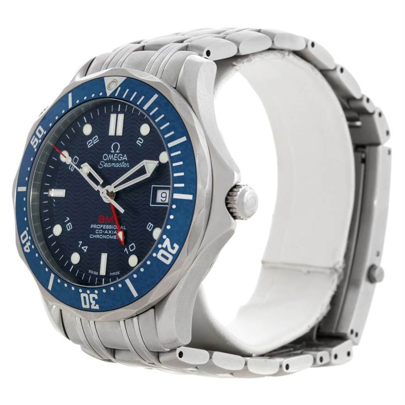 The image shows an angled side view of the Omega Seamaster 2535.80.00 Men
s Stainless Steel Blue Dial 2535.80.00 Men
s Stainless Steel Blue Dial watch, revealing the dial, bezel, crown, and part of the bracelet.