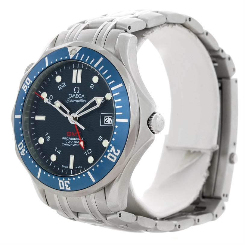 The Omega Seamaster 2535.80.00 Men's Stainless Steel Blue Dial 2535.80.00 Men's Stainless Steel Blue Dial watch is shown at a three-quarter angle, displaying its blue bezel, dial, date window, and stainless steel bracelet.