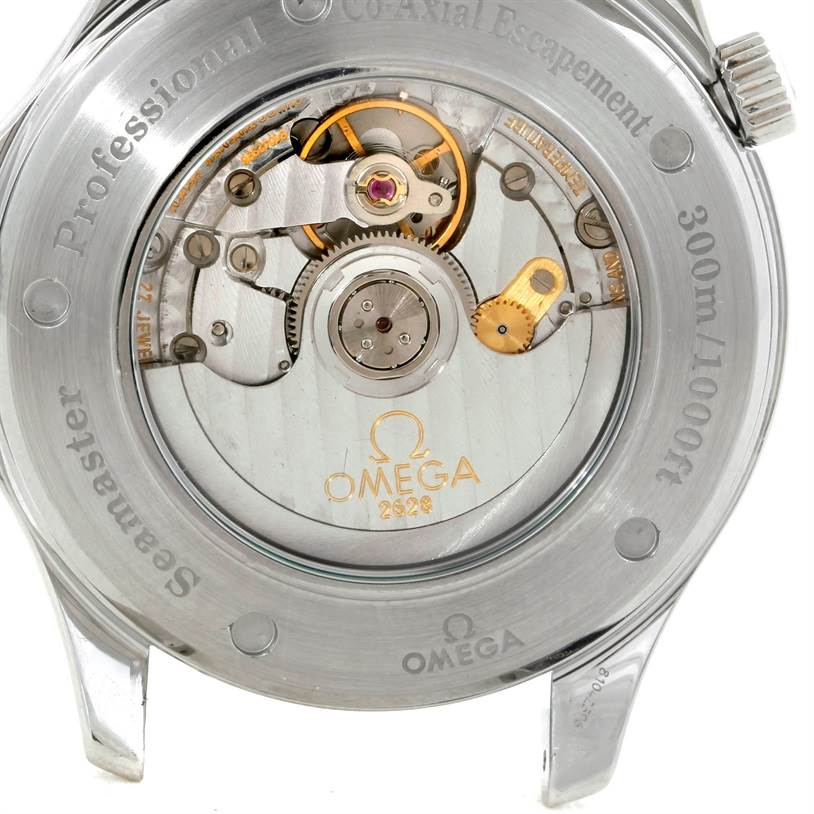 The image shows the back view of an Omega Seamaster 2535.80.00 Men's Stainless Steel Blue Dial 2535.80.00 Men's Stainless Steel Blue Dial watch, highlighting its internal mechanical movement.