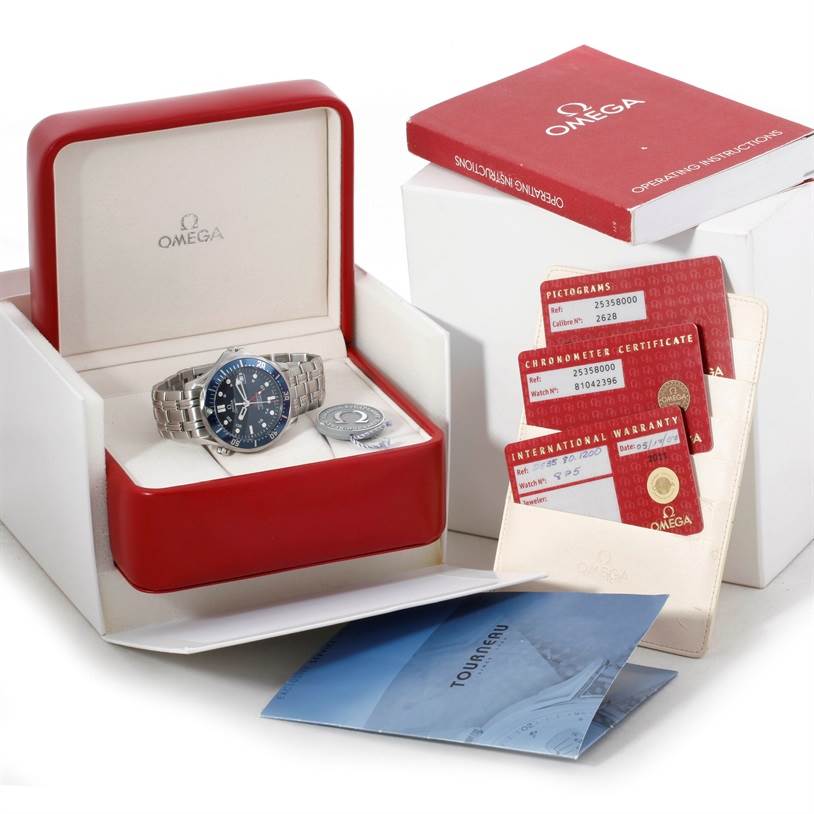 The Omega Seamaster 2535.80.00 Men's Stainless Steel Blue Dial 2535.80.00 Men's Stainless Steel Blue Dial watch is shown in its box with documentation and cards, photographed from the front.