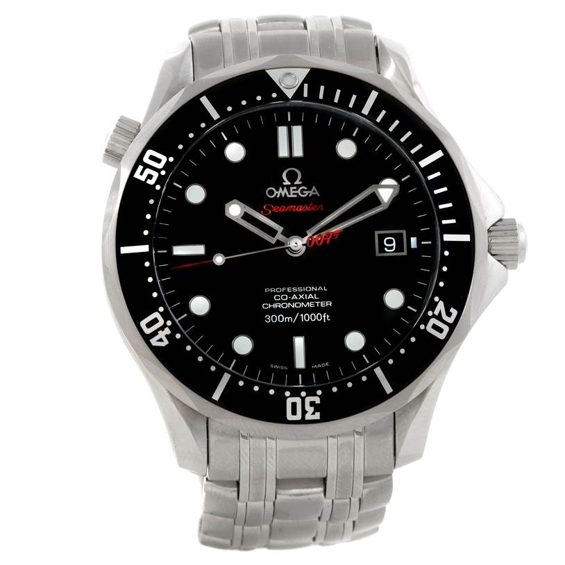 The image shows a front view of the Omega Seamaster 212.30.41.20.01.001 Men
s Stainless Steel Black Dial 212.30.41.20.01.001 Men
s Stainless Steel Black Dial watch, highlighting the dial, bezel, and part of the bracelet.
