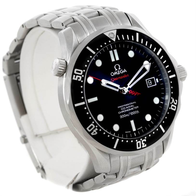 The Omega Seamaster 212.30.41.20.01.001 Men
s Stainless Steel Black Dial 212.30.41.20.01.001 Men
s Stainless Steel Black Dial watch is shown from a three-quarter angle, revealing its dial, bezel, crown, and metal bracelet.