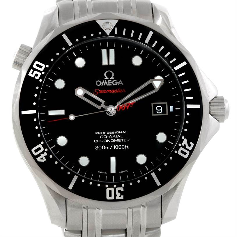 The image shows a front view of the Omega Seamaster 212.30.41.20.01.001 Men
s Stainless Steel Black Dial 212.30.41.20.01.001 Men
s Stainless Steel Black Dial watch, highlighting its dial, bezel, and part of the bracelet.