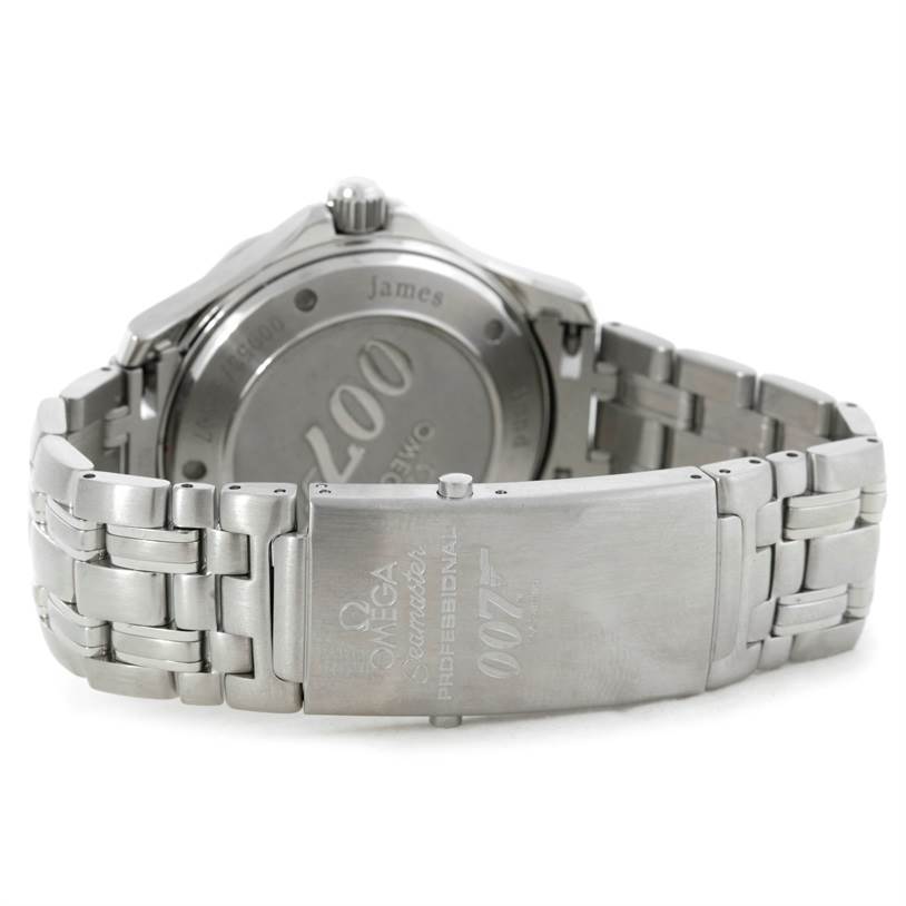 The image shows the backside and clasp of an Omega Seamaster 212.30.41.20.01.001 Men
s Stainless Steel Black Dial 212.30.41.20.01.001 Men
s Stainless Steel Black Dial watch, featuring the "007" engraving.