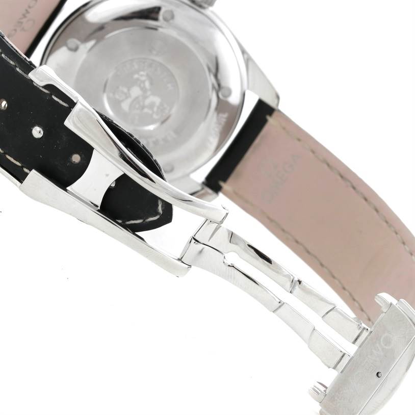 The image shows the back view and clasp of an Omega Seamaster 2813.30.81 Men
s Stainless Steel Silver Dial 2813.30.81 Men
s Stainless Steel Silver Dial watch with a leather strap.