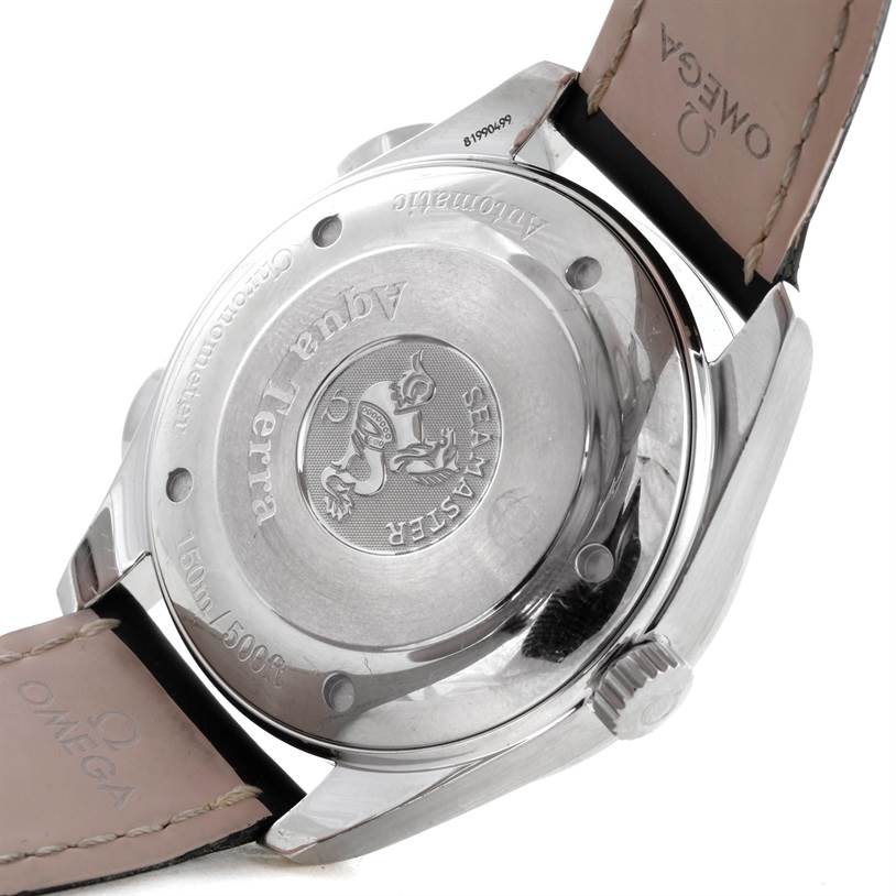 The image shows the back case, crown, and part of the leather strap of an Omega Seamaster 2813.30.81 Men
s Stainless Steel Silver Dial 2813.30.81 Men
s Stainless Steel Silver Dial watch.