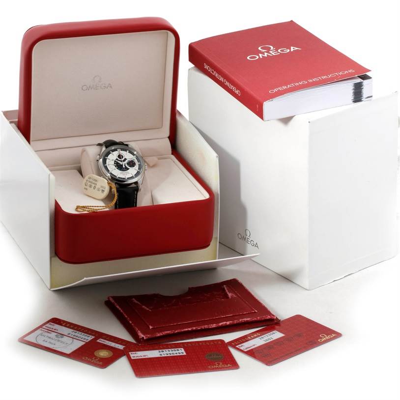 The image shows an Omega Seamaster 2813.30.81 Men
s Stainless Steel Silver Dial 2813.30.81 Men
s Stainless Steel Silver Dial watch with its box, manual, and Best Quality
ity cards at an angle showing the front and side of the watch.