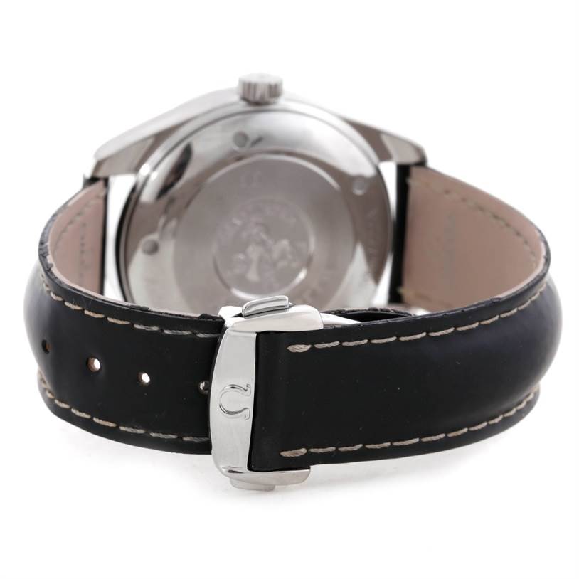 The image shows the back side of an Omega Seamaster 2813.30.81 Men
s Stainless Steel Silver Dial 2813.30.81 Men
s Stainless Steel Silver Dial watch, including the caseback, crown, and leather strap with buckle.