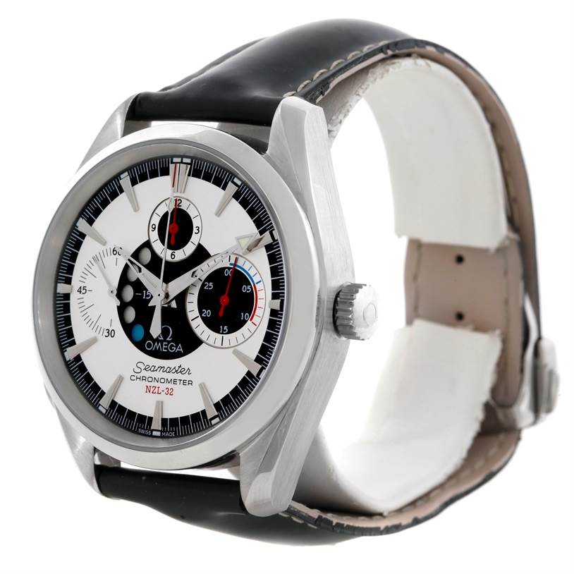 The Omega Seamaster 2813.30.81 Men
s Stainless Steel Silver Dial 2813.30.81 Men
s Stainless Steel Silver Dial watch is shown from a three-quarter angle, highlighting the face, bezel, crown, and leather strap.