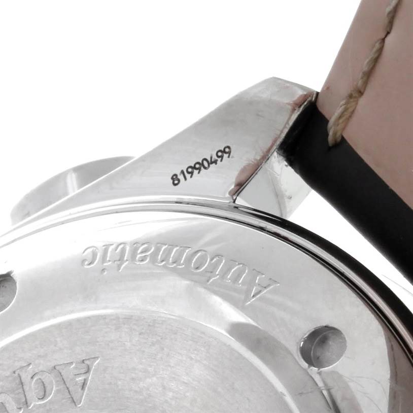 The image shows a close-up of the case back and lugs of an Omega Seamaster 2813.30.81 Men
s Stainless Steel Silver Dial 2813.30.81 Men
s Stainless Steel Silver Dial watch, displaying part of the serial number and "Automatic" engraving.