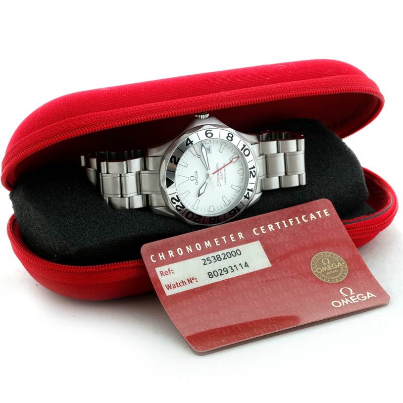 The image shows an Omega Seamaster 2538.20.00 Men's Stainless Steel White Dial 2538.20.00 Men's Stainless Steel White Dial watch from a semi-top angle, along with its chronometer certificate and red case.