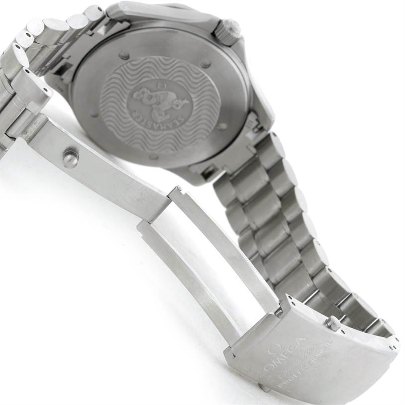 The image shows the back case and bracelet clasp of an Omega Seamaster 2538.20.00 Men's Stainless Steel White Dial 2538.20.00 Men's Stainless Steel White Dial watch at an angled view.