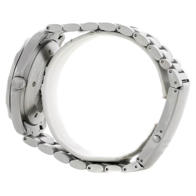 This side view image of the Omega Seamaster 2538.20.00 Men's Stainless Steel White Dial 2538.20.00 Men's Stainless Steel White Dial watch shows the bracelet and the side of the case, including the crown and pushers.