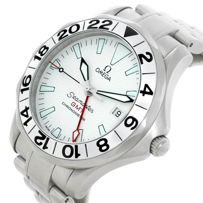 The image shows a close-up, angled view of the Omega Seamaster 2538.20.00 Men's Stainless Steel White Dial 2538.20.00 Men's Stainless Steel White Dial GMT watch, highlighting the dial, bezel, crown, and part of the bracelet.