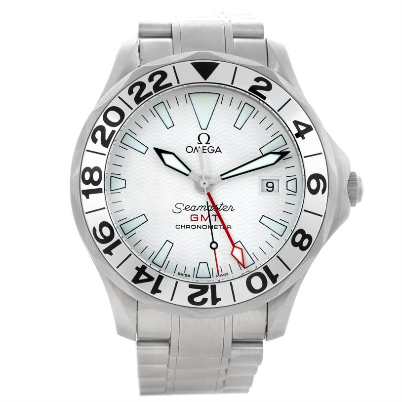 This image shows a full frontal view of the Omega Seamaster 2538.20.00 Men's Stainless Steel White Dial 2538.20.00 Men's Stainless Steel White Dial GMT watch, highlighting its dial, hands, bezel, and bracelet.