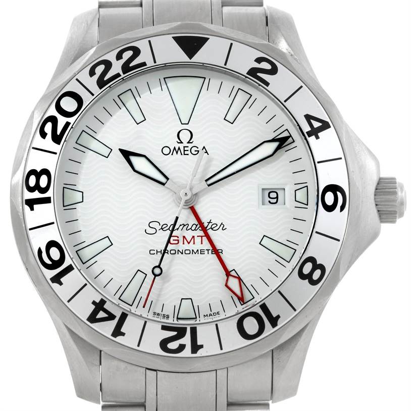 The image shows a front view of the Omega Seamaster 2538.20.00 Men
s Stainless Steel White Dial 2538.20.00 Men
s Stainless Steel White Dial GMT Chronometer watch, displaying the face, bezel, hands, and crown.