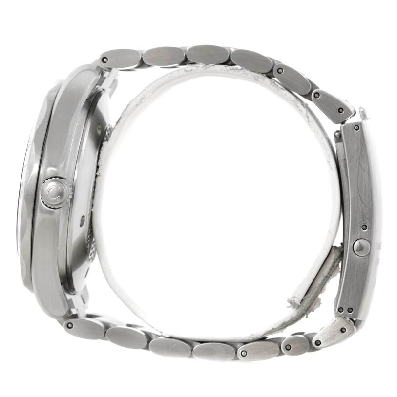 This is a side view of the Omega Seamaster 2538.20.00 Men
s Stainless Steel White Dial 2538.20.00 Men
s Stainless Steel White Dial watch, showing the crown and metal bracelet links.