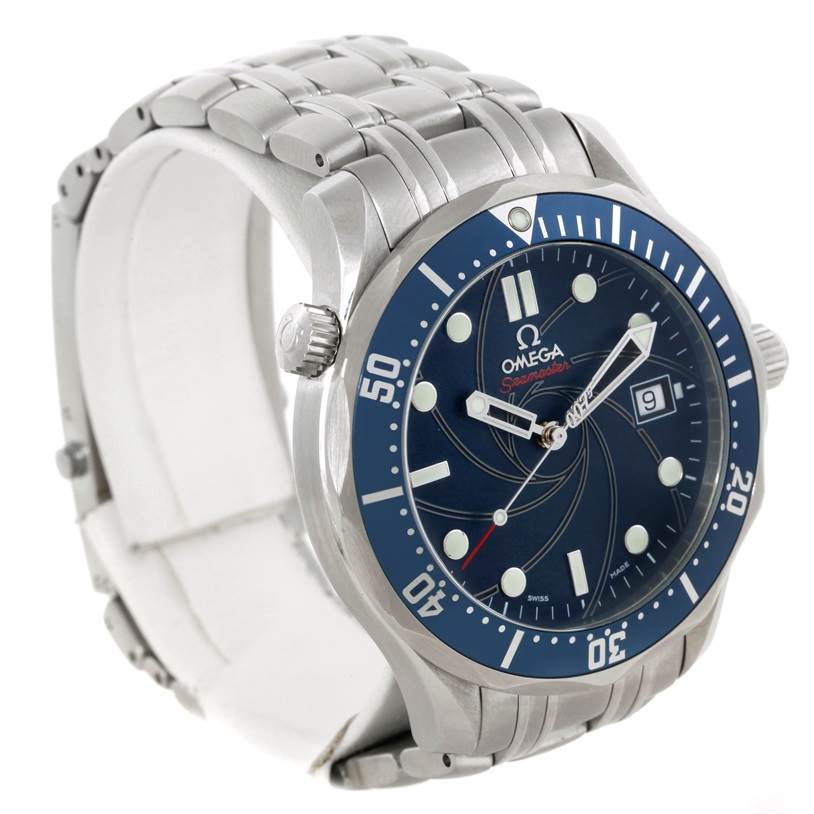 The image shows a side-front angle of an Omega Seamaster 2226.80.00 Men
s Stainless Steel Blue Dial 2226.80.00 Men
s Stainless Steel Blue Dial watch, featuring its bezel, dial, crown, and metal bracelet.