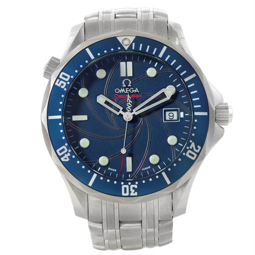 The Omega Seamaster 2226.80.00 Men
s Stainless Steel Blue Dial 2226.80.00 Men
s Stainless Steel Blue Dial watch is shown from a front angle, displaying its dial, bezel, hands, date window, and part of the bracelet.
