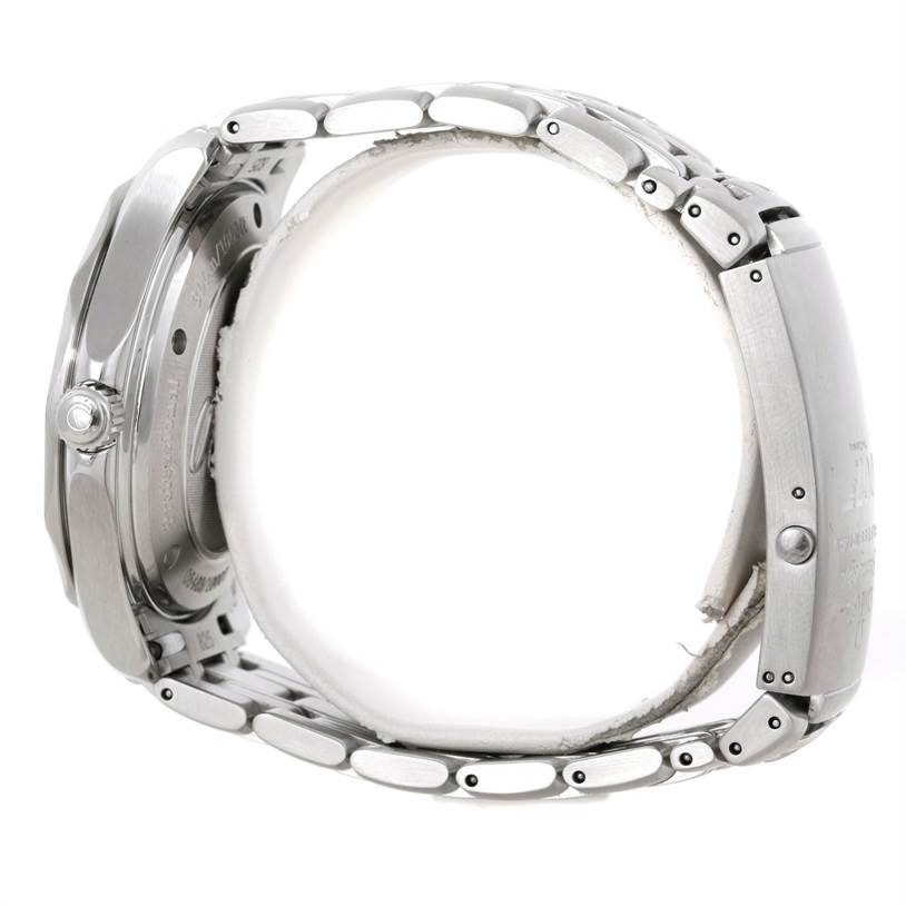 The Omega Seamaster 2226.80.00 Men
s Stainless Steel Blue Dial 2226.80.00 Men
s Stainless Steel Blue Dial watch is shown from a side angle, highlighting its case back, crown, and metal bracelet.