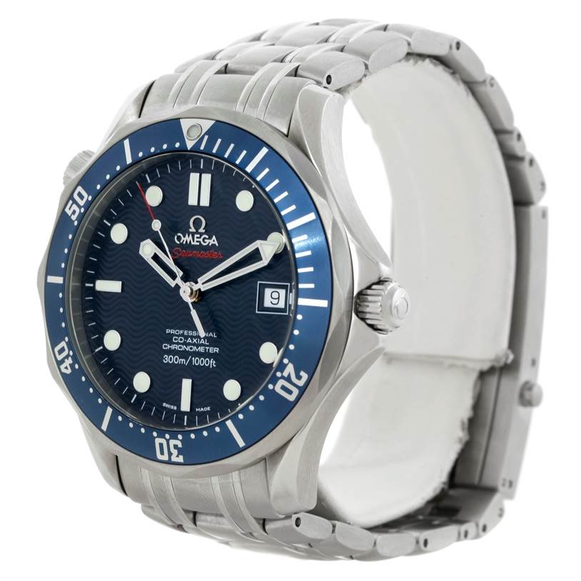 The image shows an Omega Seamaster 2220.80.00 Men's Stainless Steel Blue Dial 2220.80.00 Men's Stainless Steel Blue Dial watch from a three-quarters angle, highlighting the dial, bezel, and metal bracelet.