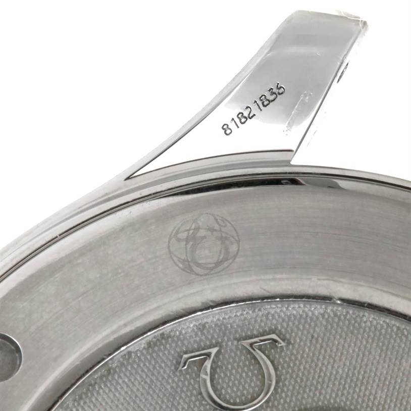 The image shows a close-up of the case back and lug of an Omega Seamaster 2220.80.00 Men's Stainless Steel Blue Dial 2220.80.00 Men's Stainless Steel Blue Dial watch.