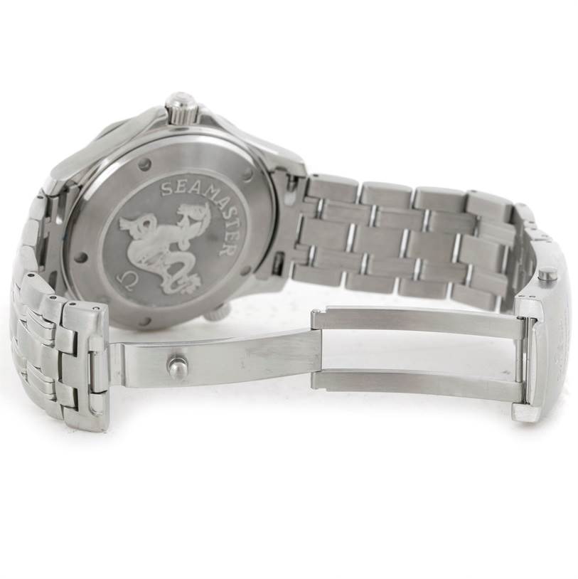 This image shows the back case and partially open clasp of an Omega Seamaster 2220.80.00 Men's Stainless Steel Blue Dial 2220.80.00 Men's Stainless Steel Blue Dial watch.