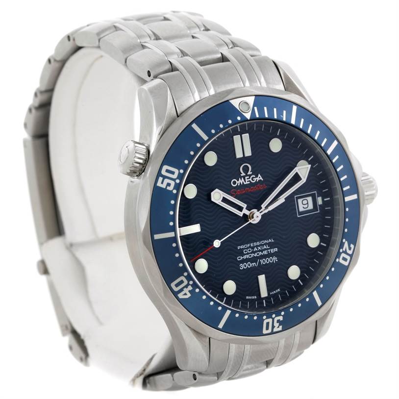 The Omega Seamaster 2220.80.00 Men's Stainless Steel Blue Dial 2220.80.00 Men's Stainless Steel Blue Dial watch is shown at a slight angle, displaying the face, bezel, crown, and bracelet.
