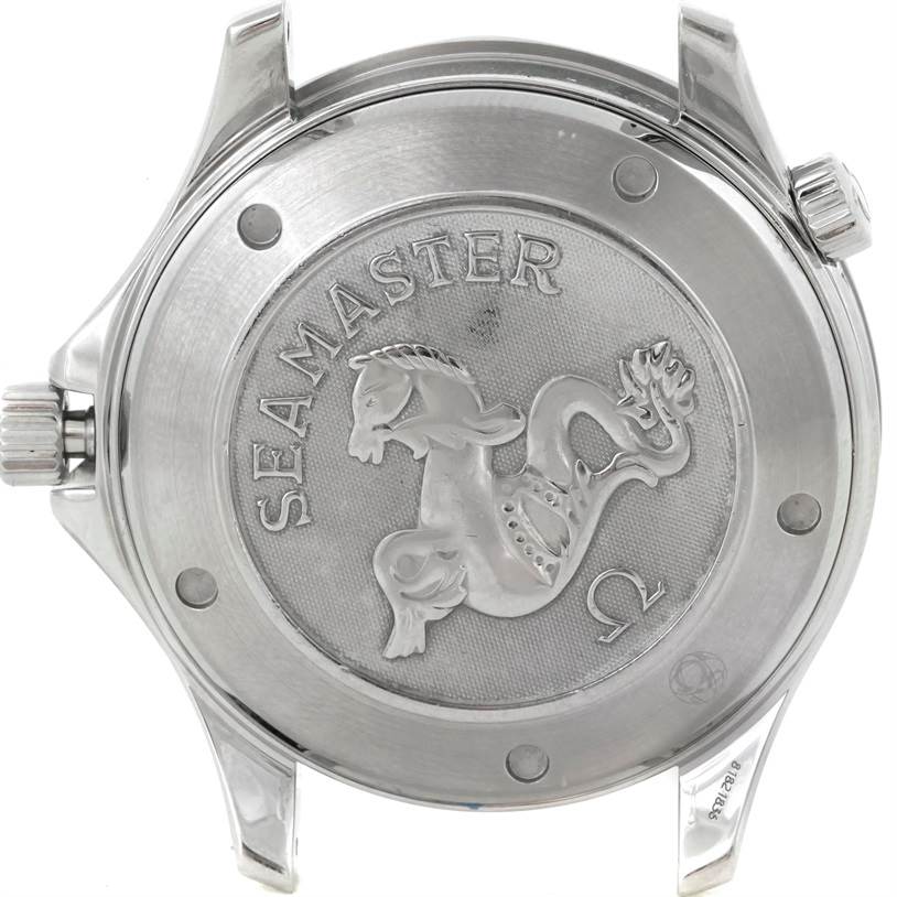 This image shows the back case of an Omega Seamaster 2220.80.00 Men's Stainless Steel Blue Dial 2220.80.00 Men's Stainless Steel Blue Dial model watch, highlighting its engraved emblem and crown.