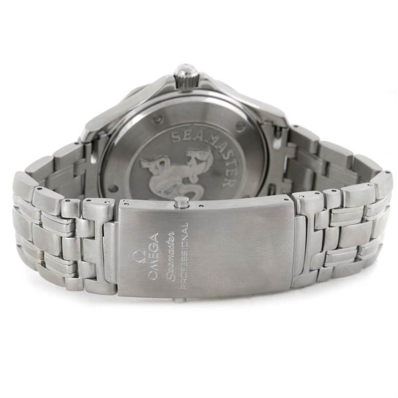 The image shows the back side and bracelet clasp of an Omega Seamaster 2220.80.00 Men's Stainless Steel Blue Dial 2220.80.00 Men's Stainless Steel Blue Dial watch, highlighting the case back and clasp engraving.