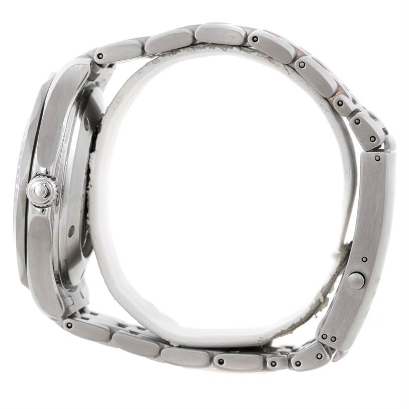 The image shows a side view of an Omega Seamaster 2220.80.00 Men's Stainless Steel Blue Dial 2220.80.00 Men's Stainless Steel Blue Dial watch, focusing on the case, crown, and metal bracelet.