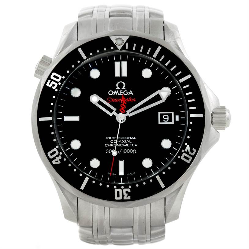 This image shows a front view of an Omega Seamaster 212.30.41.20.01.001 Men
s Stainless Steel Black Dial 212.30.41.20.01.001 Men
s Stainless Steel Black Dial watch, displaying the face, bezel, and part of the metal bracelet.